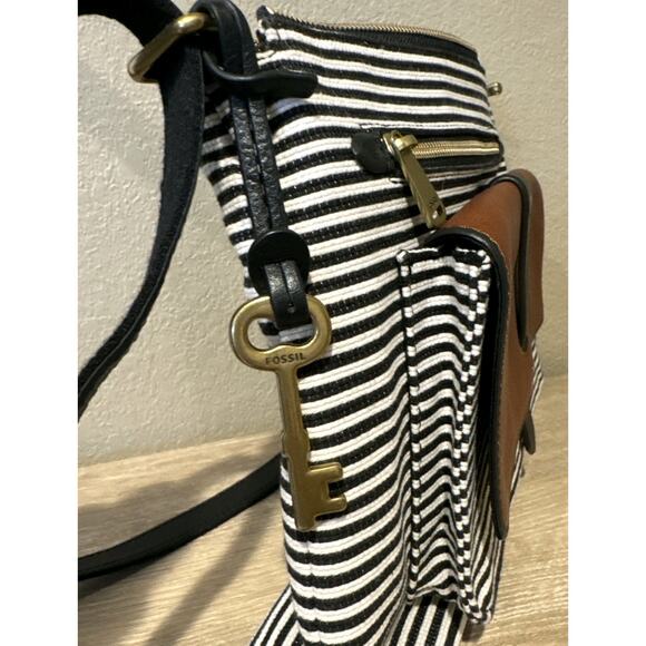 Fossil Kinley Striped Leather Zip Closure Convertible Crossbody Satchel Purse - Picture 6 of 10